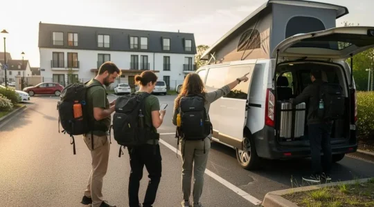 Un couple de voyageurs avec des sacs à dos rejoint un van aménagé stationné devant un hôtel près de l'aéroport Paris-Charles-de-Gaulle.