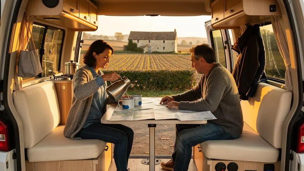 Trois voyageurs installés dans un van aménagé consultent une carte routière pendant une pause sur une aire en France.