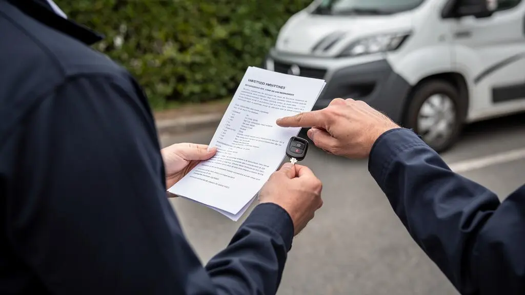 Un agent de location explique un document de prise en charge à un client tenant une clé de van, sur un point de rencontre près de CDG.